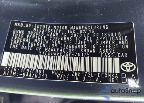 2016 Toyota Corolla Le from USA, damaged, VIN 5YFBURHE2GP470175